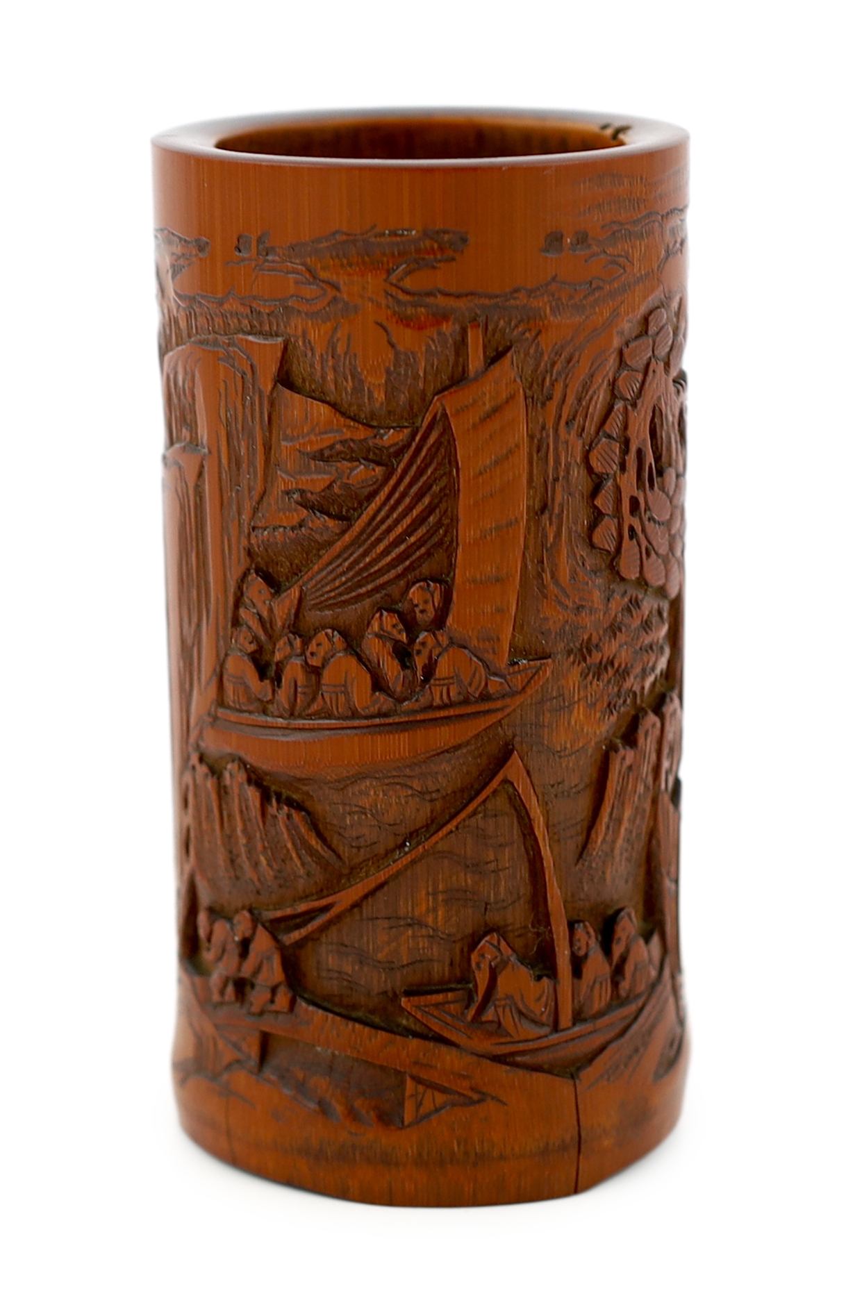 A Chinese bamboo 'river landscape' inscribed brushpot, bitong, 19th century